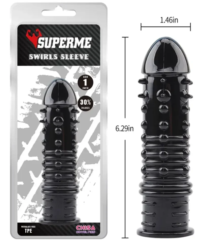 ao cao su đôn dên có gai bi gân làm sướng điên đảo BD25A SUPERME màu đen, chất liệu TPE, tăng 1 inch và 30% kích thước, thiết kế xoắn ốc và gai bi kích thích mạnh mẽ.