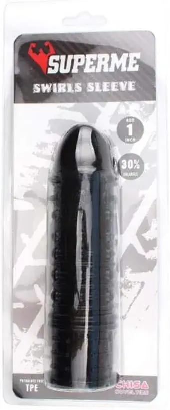 ao cao su đôn dên có gai bi gân làm sướng điên đảo BD25A SUPERME màu đen, chất liệu TPE, tăng 1 inch và 30% kích thước, thiết kế xoắn ốc và gai bi kích thích mạnh mẽ.