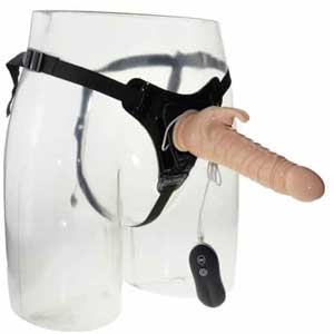 DV65E Dương vật giả có dây đeo đặc ruột rung và gân guốc cho les